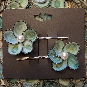 Mexican Aqua Limpet Shells & Swarovski Pearls Hair Pin Set